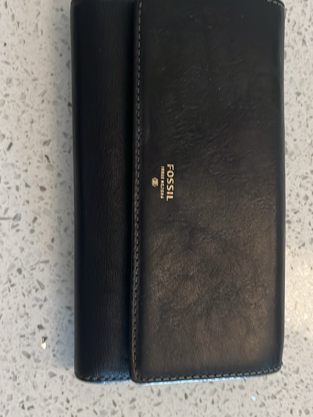 Fossil Black Leather Trifold Wallet with Teal Lining